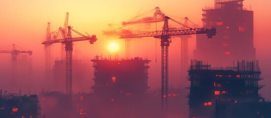 Silhouettes of construction cranes against a hazy sunrise sky with buildings under construction.