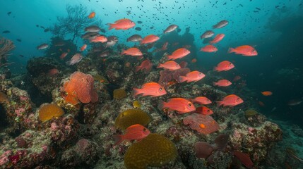 Naklejka premium A school of bright red fish swim over a colorful coral reef.