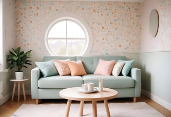Scandinavian living room interior design zoom background,Doodle patterned wallpaper graphics