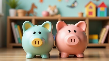 Obraz premium Piggy bank for children's savings themes. Two piggy banks, one blue and one pink, sit on a table in a colorful playroom filled with toys and cheerful wall decorations.