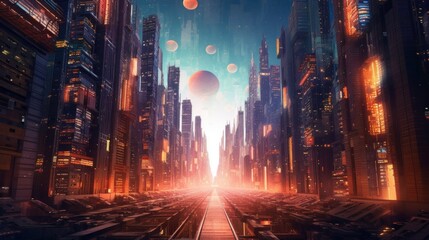 Fototapeta premium Futuristic Cityscape with Glowing Lights and Planets in the Sky