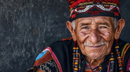 Obraz premium A Native American elder showcases traditional jewelry and a headband, smiling warmly in natural lighting that enhances his features