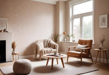 Scandinavian living room interior design zoom background,Doodle patterned wallpaper graphics