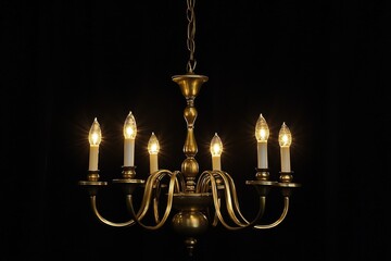 A vintage brass chandelier with six illuminated candle-like bulbs against a dark background.
