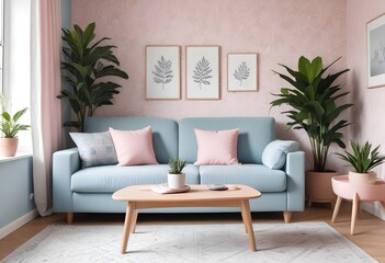 Scandinavian living room interior design zoom background,Doodle patterned wallpaper graphics