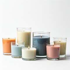 closeup of six burning candles in glass jars on a white surface  in a modern minimalist setting  with orange, white, blue, and peach colored wax.