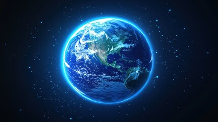 Blue Glowing Earth with Map Lines on Dark Background