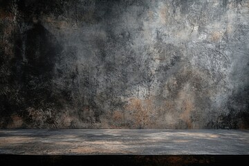 Dark grunge concrete background with a wooden table.