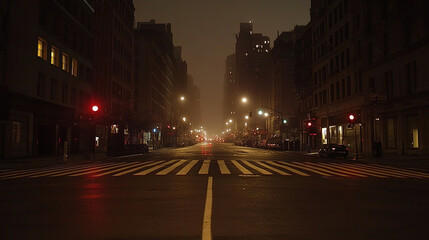 Fototapeta premium Dark, empty city streets at night with a faint glow of distant city lights barely visible through thick fog, capturing the eerie atmosphere of a sudden power outage in a bustling metropolis.