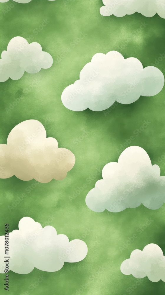 Poster a serene sky backdrop featuring fluffy clouds on a soft green canvas, creating a calming and whimsic