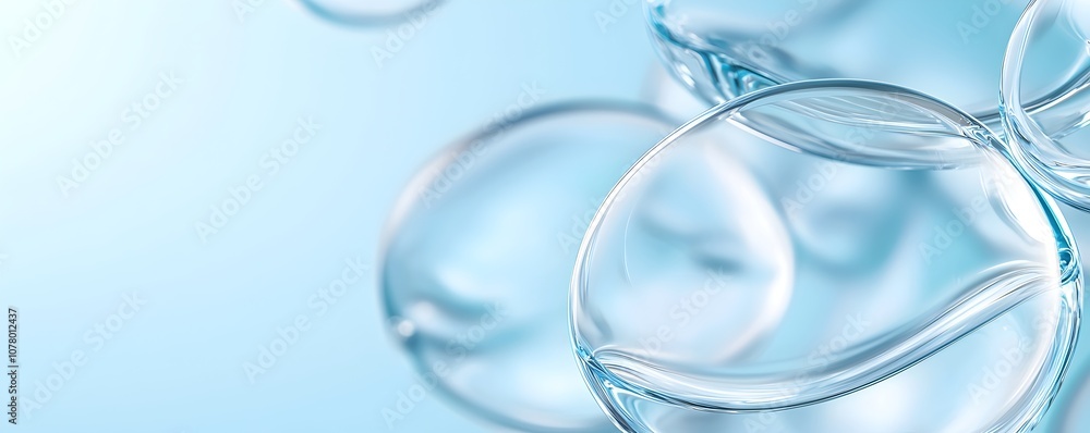Poster dynamic circular fluid shapes in motion - symmetrical swirling patterns on soft pastel blue backgrou