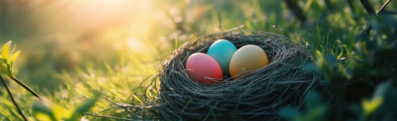 Colorful Easter Eggs in a Nest on Green Meadow