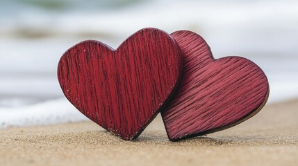 Fototapeta premium Two red wooden hearts on a sandy beach with ocean waves in the background.