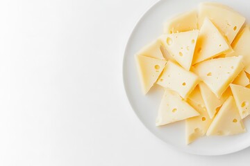 various types of solid french cheese parmesan brie and edam on white platter isolated on white background