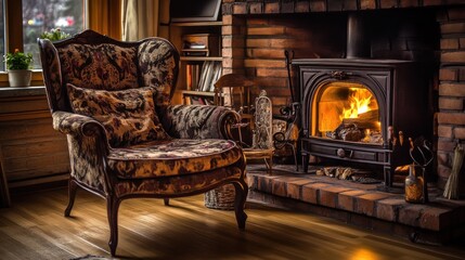 A cozy living room with a fireplace, an armchair, and a window with a view of a snowy scene outside.