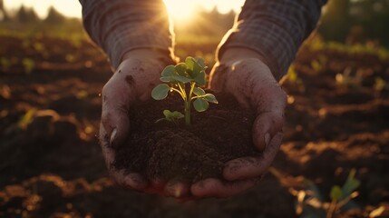 Fototapeta premium Farmer s Hands Cradling Sprouting Seedling in Rich Organic Soil at Sunrise on Sustainable Farm