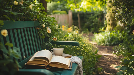 A peaceful garden setup with a bench and books. Green garden. Reading spot.