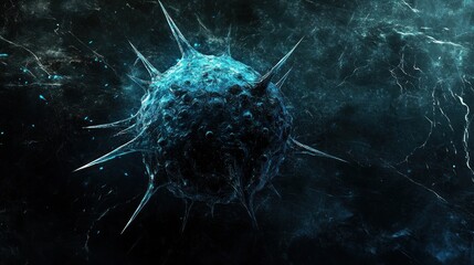 A 3D rendering of a virus with a dark blue, spiky exterior on a dark, textured background.