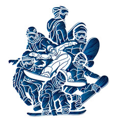 Extreme Sport Snowboard Players Snowboarder Mix Action Cartoon Graphic Vector