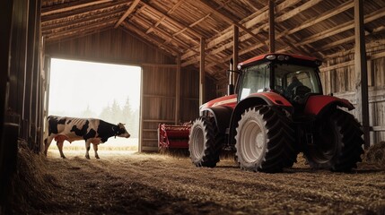Farm Tractor and Cow in Barn