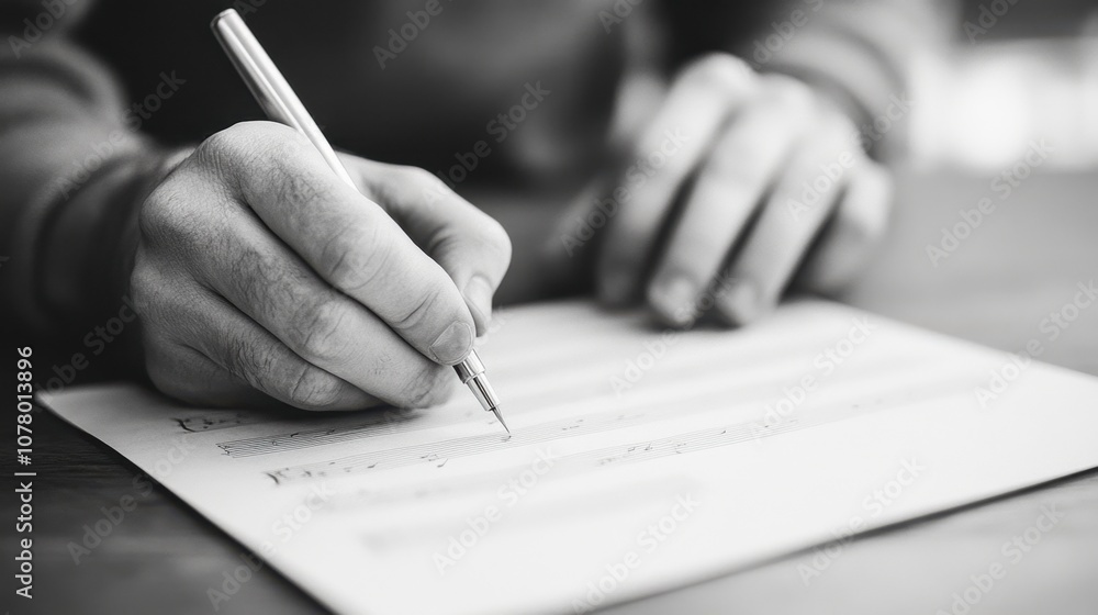 Poster a person writes on a piece of paper, capturing thoughts or notes in a monochrome setting, emphasizin
