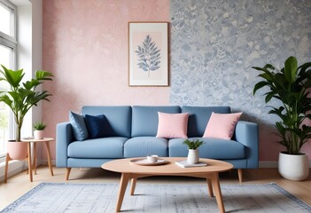 Scandinavian living room interior design zoom background,Doodle patterned wallpaper graphics