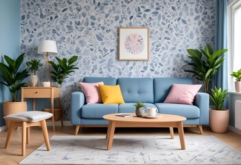 Scandinavian living room interior design zoom background,Doodle patterned wallpaper graphics