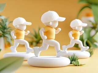 Three playful figurines in yellow shirts and white caps are running against a vibrant yellow backdrop, surrounded by green foliage.  home workout and bodyweight.