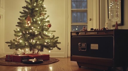 A cozy living room scene featuring a decorated Christmas tree with lights, presents underneath, and a vintage record player nearby.