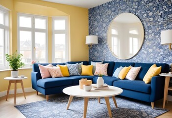 Scandinavian living room interior design zoom background,Doodle patterned wallpaper graphics