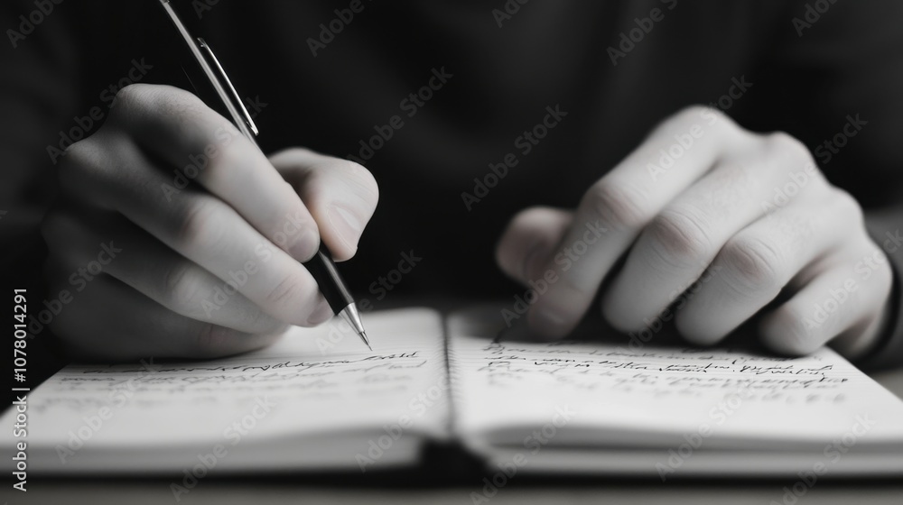 Poster a person writes in a notebook, capturing thoughts or ideas with a pen, emphasizing the act of writin