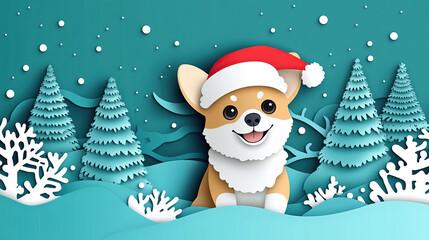 Cute Corgi in Christmas hat, paper-cut style, winter landscape with snowflakes and pine trees, 3D illustration, cartoon vector design, blue background