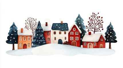 Fototapeta premium Watercolor Winter Village Illustration.
