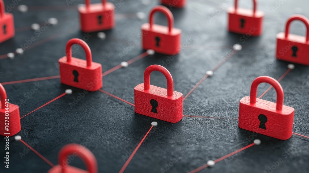 Poster digital network security concept featuring red padlocks representing cyber protection and encrypted 