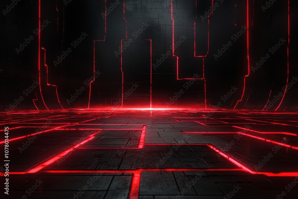 Poster Futuristic Red Grid Background with Digital Elements Symbolizing Cybersecurity Challenges and Data Vulnerabilities in a High-Tech Environment