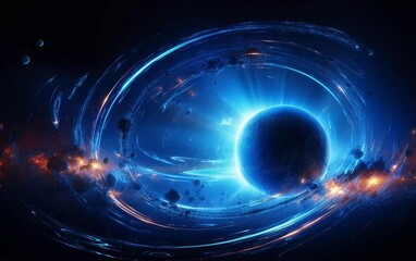 Obraz premium A vibrant cosmic scene featuring a glowing planet amidst swirling energy and celestial elements.