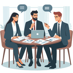 Obraz premium Partners meeting for business discussion with documents and laptop on desk. Couple at round table, speaking, discussing work, partnership. Flat vector on a white background