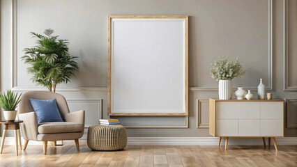 Blank white wall poster mockup.Minimalistic interior scene with blank frame for a movie poster on a brick wall is the perfect place to showcase your design or artwork.