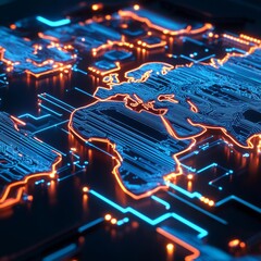 Diverse global tech, glowing holographic circuits, futuristic map