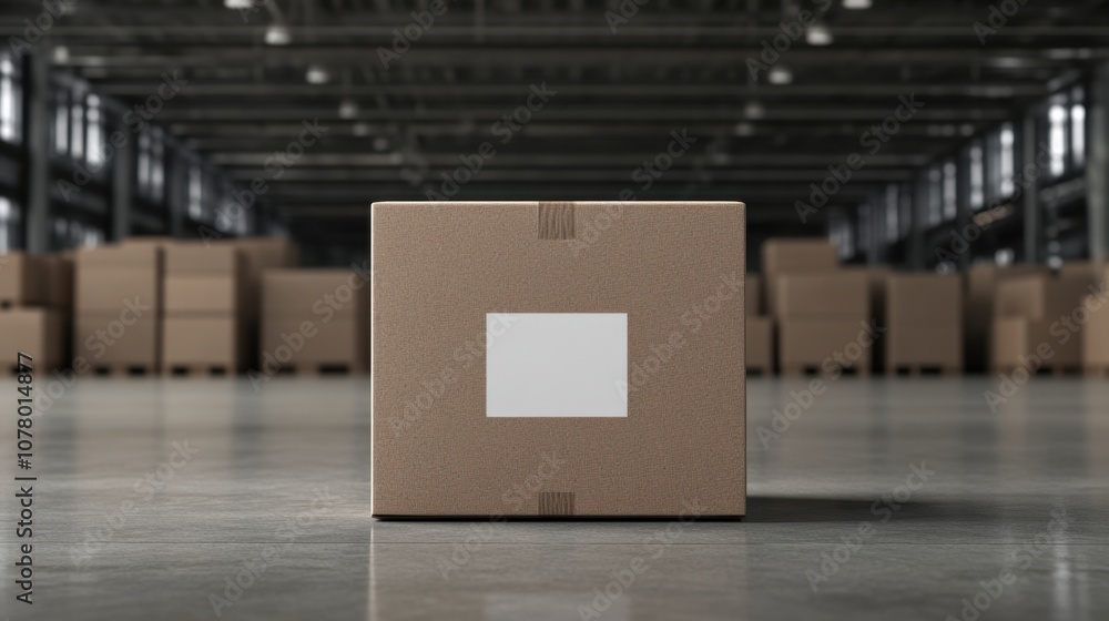Poster a solitary cardboard box in a spacious warehouse, surrounded by blurred stacks of similar boxes, emp