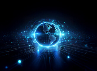 Obraz premium A glowing blue digital earth surrounded by lines of data and light in a dark background.
