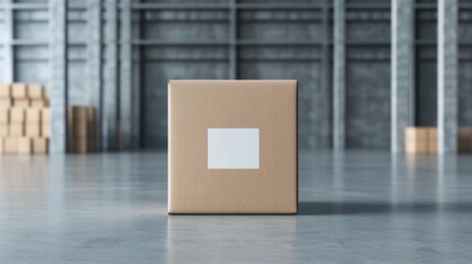 A neatly packaged cardboard box stands alone in a spacious, industrial warehouse with a minimalist background.
