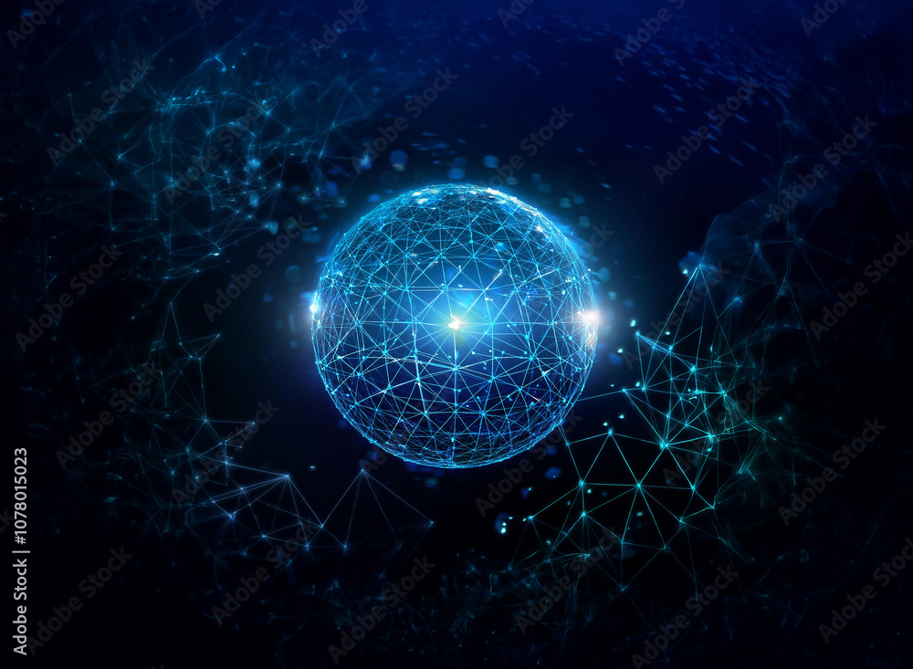 Poster a glowing sphere of connected lines and points surrounded by a dark blue background with scattered l