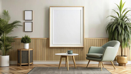 Blank white wall poster mockup.Minimalistic interior scene with blank frame for a movie poster on a brick wall is the perfect place to showcase your design or artwork.