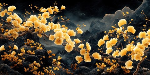 Golden Blossoms in Mountain Mist
