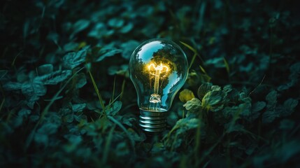 A glowing light bulb surrounded by green leaves symbolizes the power of nature and innovation.