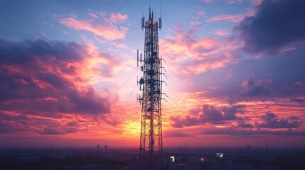A telecommunications tower silhouetted against a vibrant sunset.