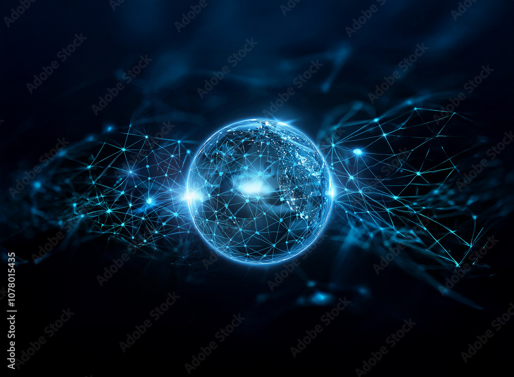 Poster a glowing blue globe sits in the center of a dark background with a network of connecting lines and 
