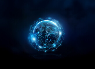 Obraz premium A glowing blue sphere representing the Earth is surrounded by a network of connected lines and dots.