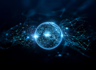 A glowing blue globe sits in the center of a dark background with a network of connecting lines and dots.